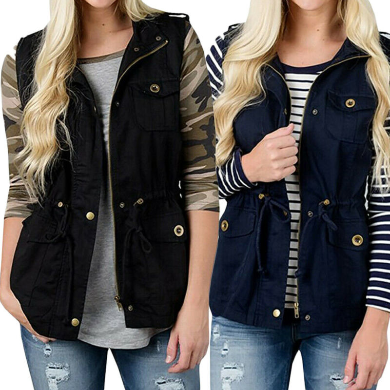 Women'S Fashion Utility Jacket - Thời Trang Nữ Áo Vest Olive
